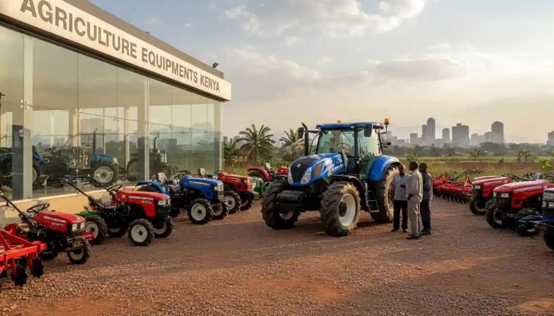 Tractor Prices in Kenya 2026: Best Farm Tractors, Walking Tractors and Small Tractors for Sale 4 A brand new blue New Holland tractor parked outside a commercial dealership lot with other farm machinery in Nairobi