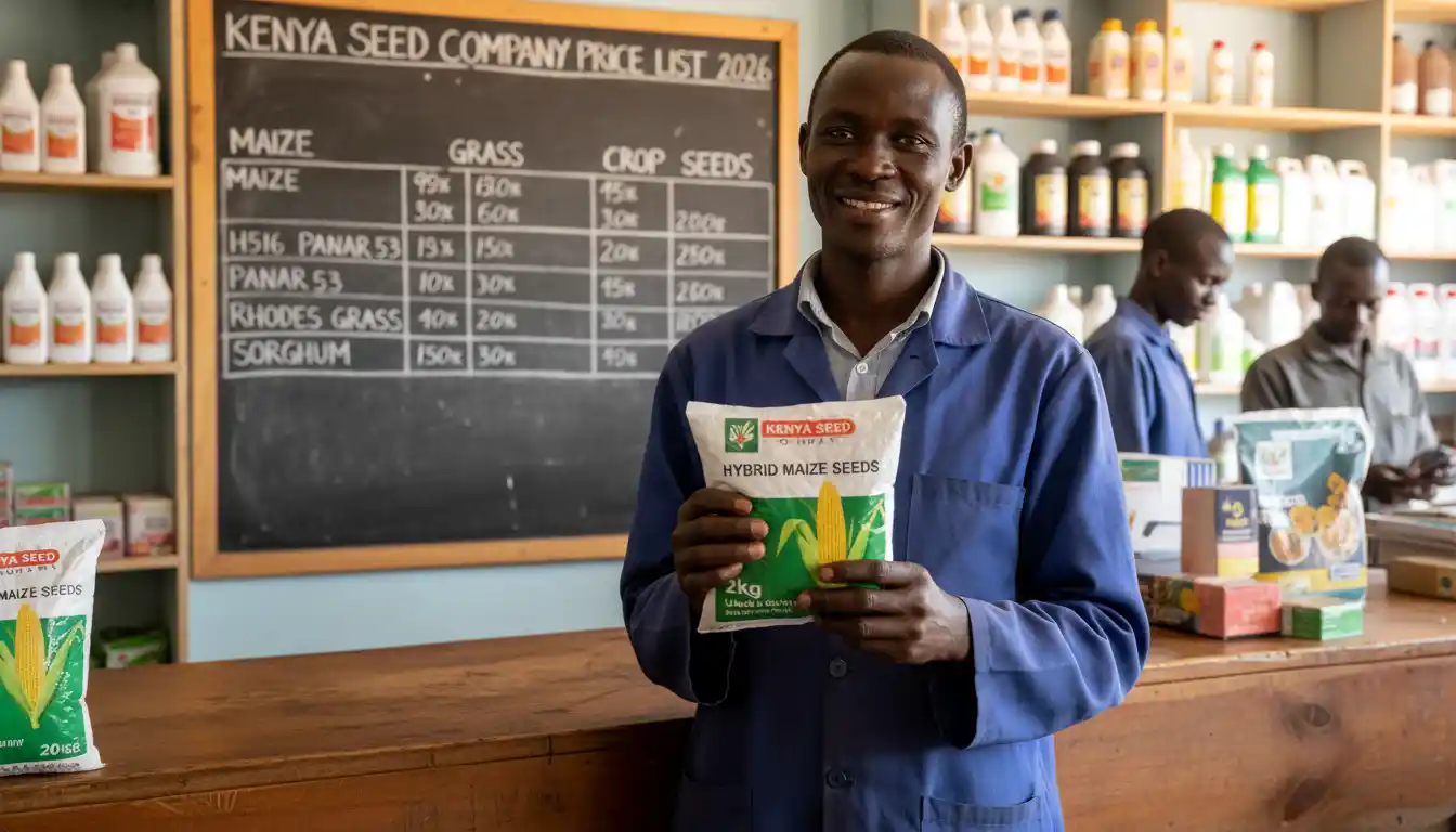 Kenya Seed Company Price List 2026 (Maize, Grass & Crop Seeds Prices in Kenya) 2 A Kenyan farmer standing at an agrovet counter carefully inspecting a 2kg packet of hybrid maize seeds