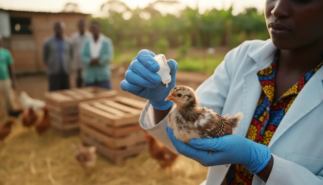 Close up of a gloved hand administering an eye drop vaccine to a healthy KALRO improved kienyeji chick]