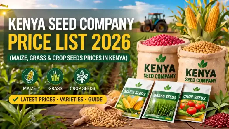 Promotional graphic for the Kenya Seed Company 2026 price list, featuring sacks and packets of maize, grass, and crop seeds in a farm setting.