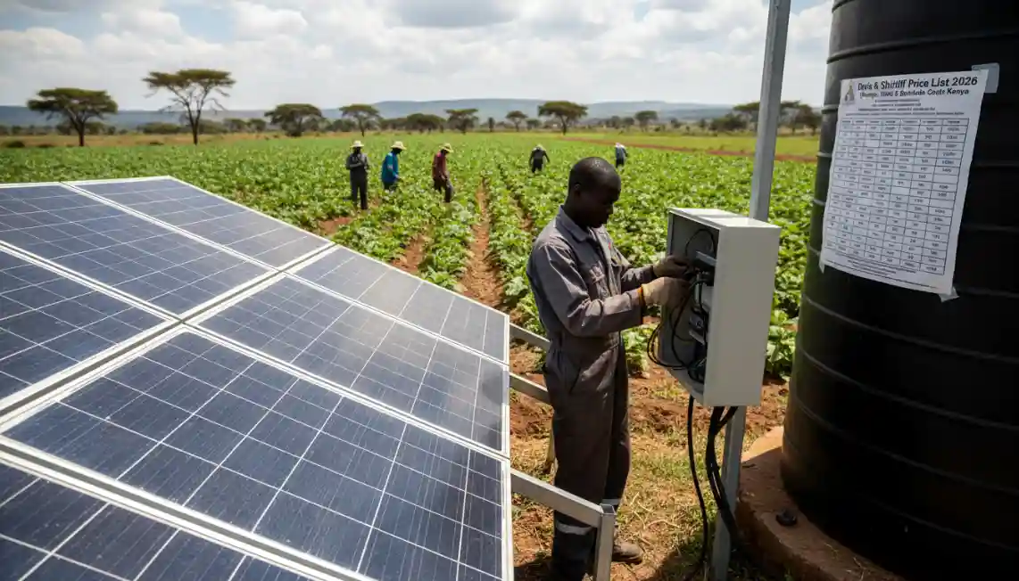 Technicians wiring a solar controller box next to a newly installed array of solar panels