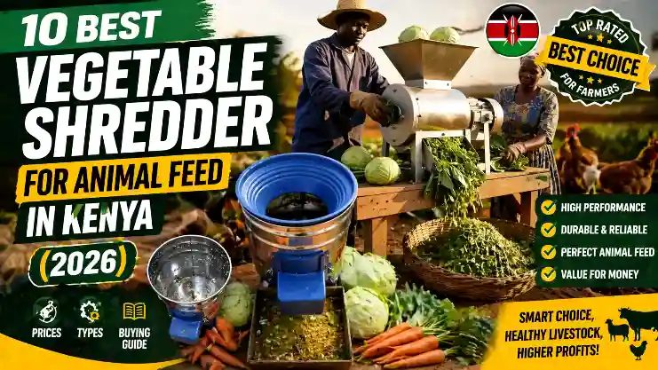 A farmer in Kenya operates a mechanical vegetable shredder to process cabbages and greens into animal feed.
