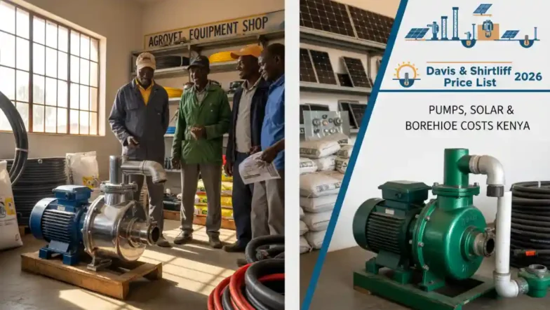 A side by side display of a shiny Dayliff pump and a generic water pump inside a hardware store