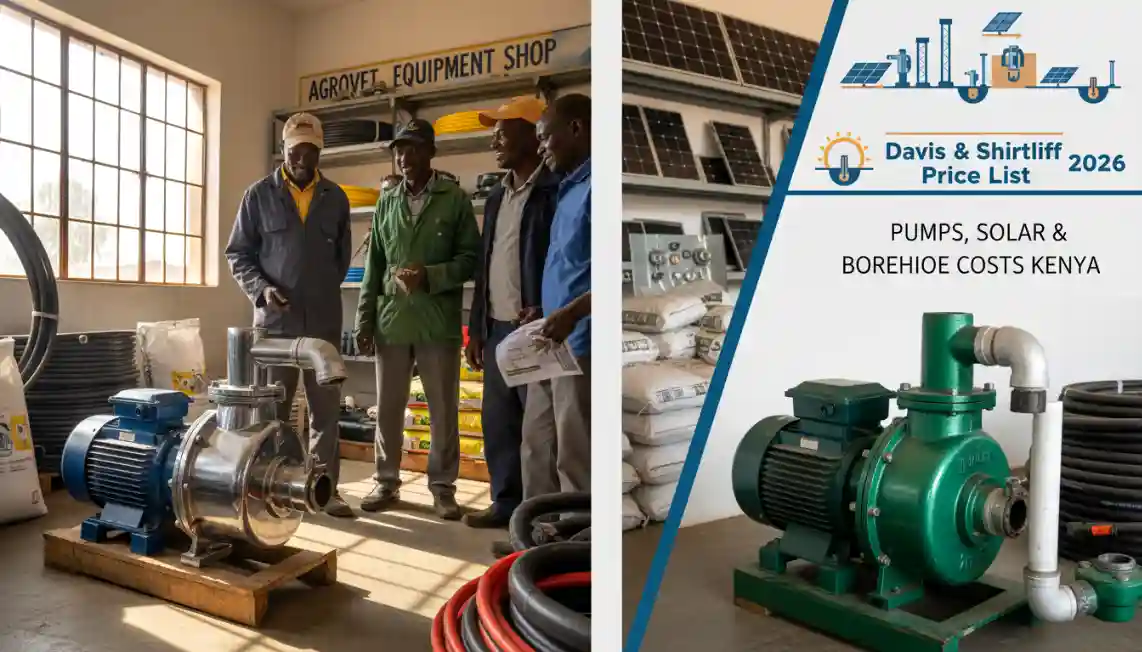 A side by side display of a shiny Dayliff pump and a generic water pump inside a hardware store