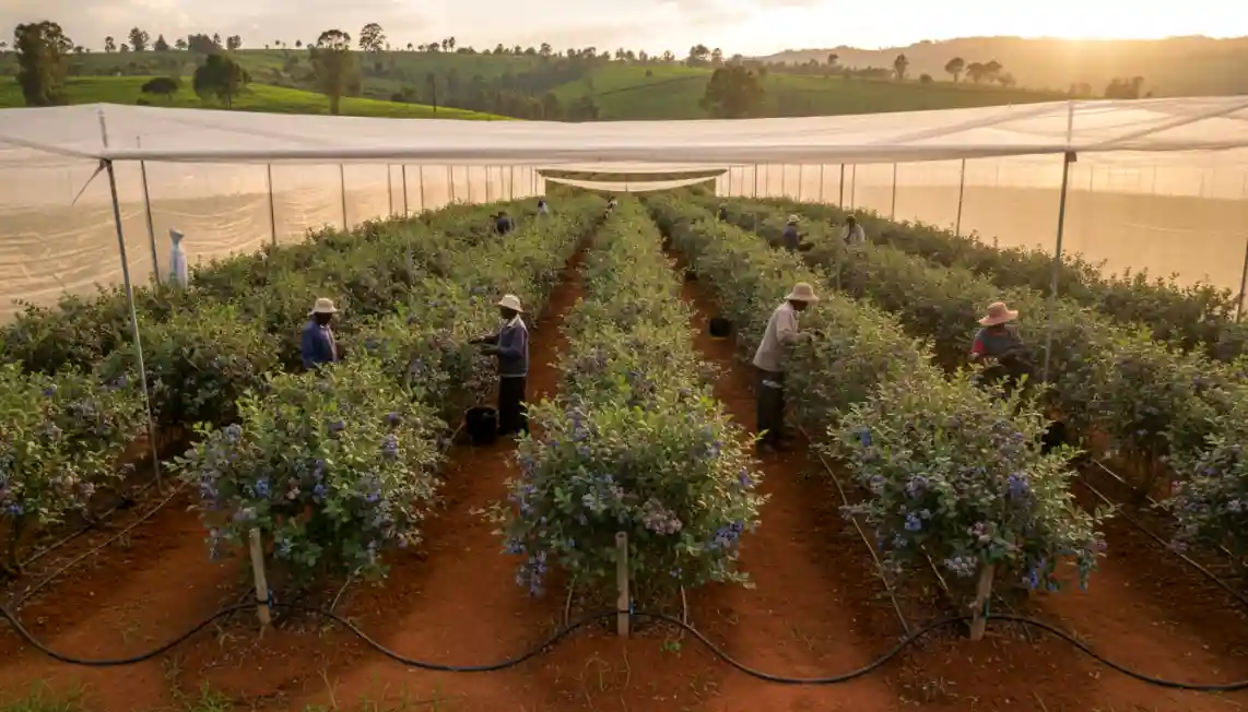 A commercial blueberry farming setup under protective netting with drip irrigation lines