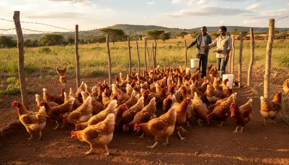 Two farmers stand in a rural, fenced enclosure tending to a large flock of brown chickens during the golden hour.