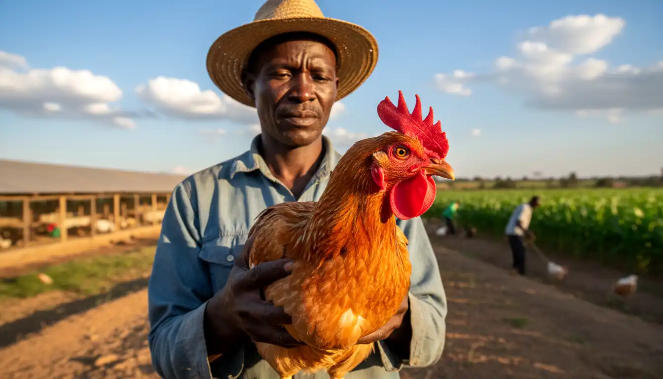 A serious Kenyan farmer holding a healthy Kienyeji chicken