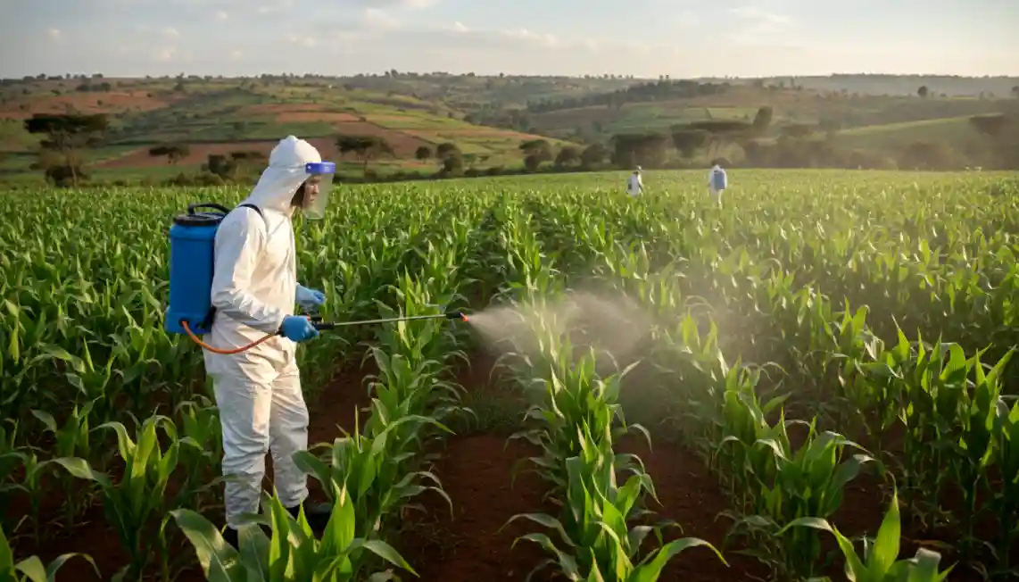 Farmer wearing full protective gear spraying a green maize field with a blue knapsack sprayer