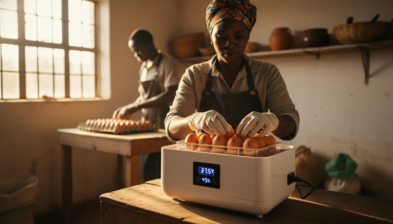 A Kenyan farmer carefully placing fertilized chicken eggs into a small digital tabletop incubator inside a brightly lit room.