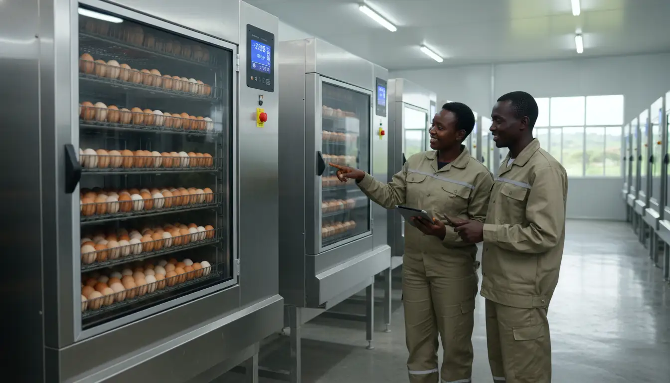 Rows of large metal commercial cabinet egg incubators inside a clean hatchery facility with glowing digital temperature displays.