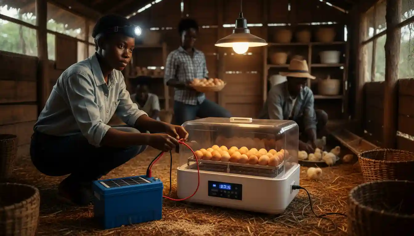 A young female farmer connecting a 12V solar battery to a modern automatic egg incubator during a temporary power outage.