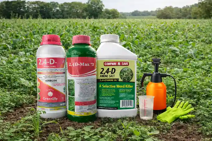 Three different containers of 2,4-D herbicide are lined up in a green agricultural field next to a manual sprayer, a measuring cup, and a pair of green gloves.
