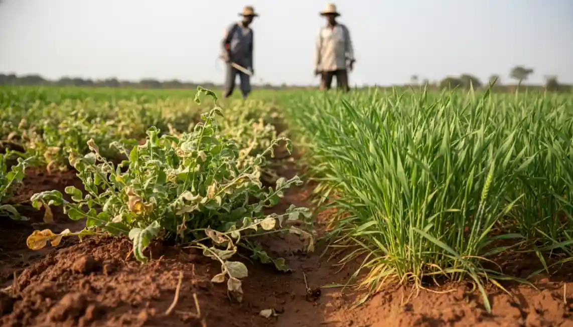Close up of wilted broadleaf weeds next to healthy young wheat stalks