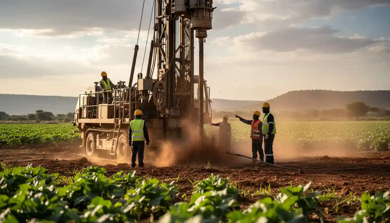 A massive mechanical drilling rig sinking a borehole shaft while workers supervise