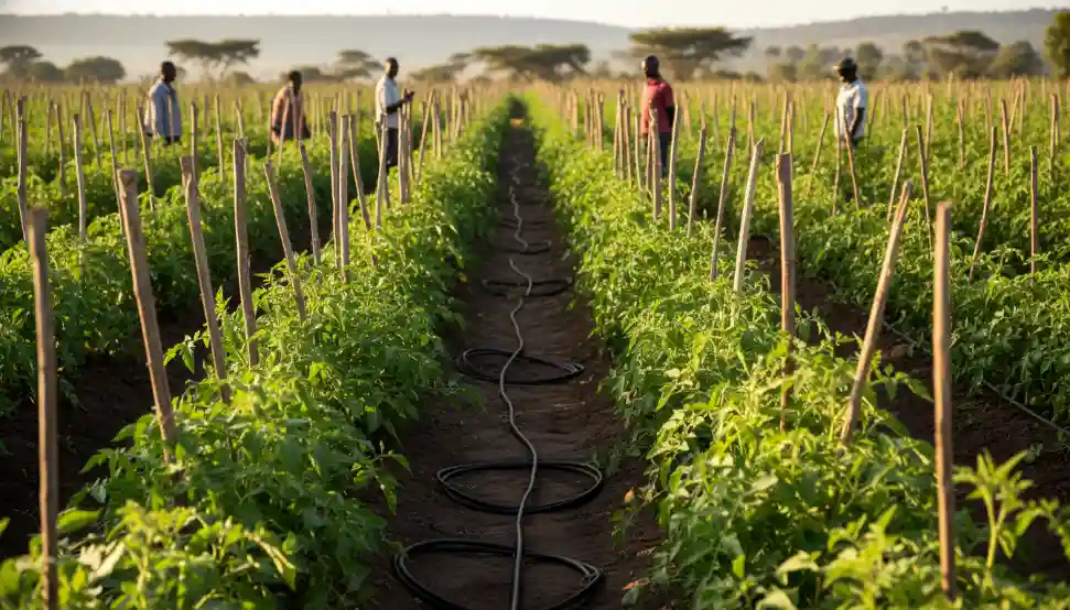 A wide view of a well spaced tomato farm showing drip irrigation lines and clean soil pathways