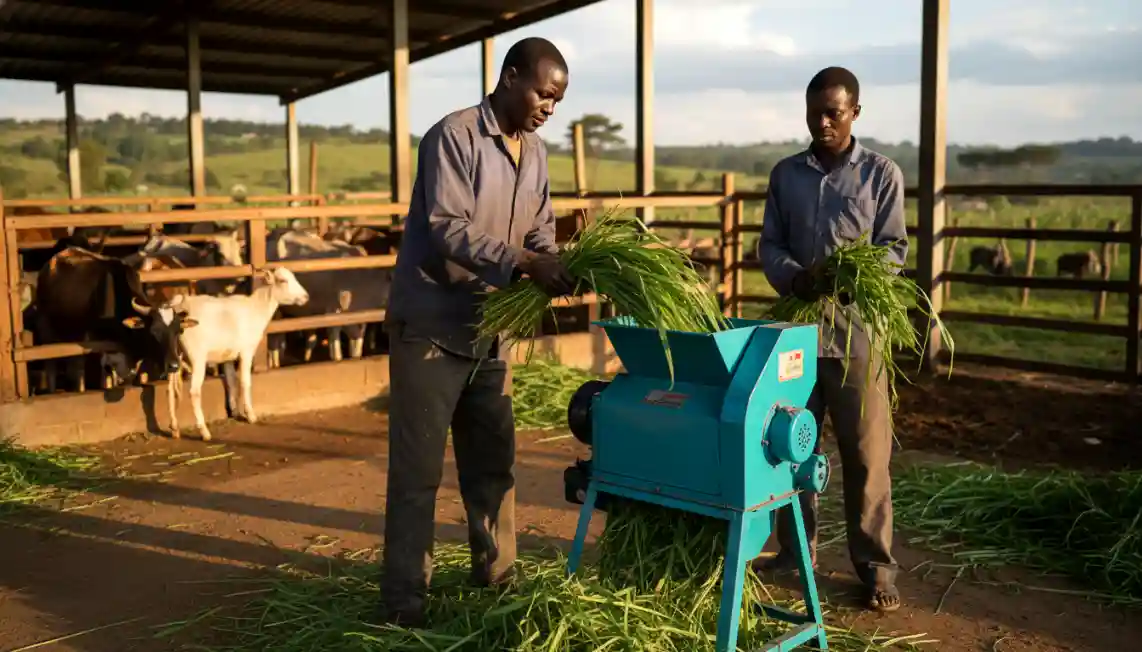 A local Kenyan farmer feeding Napier grass into a bright blue electric chaff cutter machine on a livestock farm in Kiambu County.