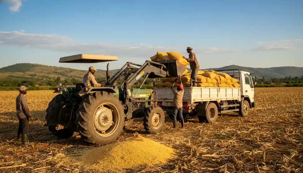 A tractor loading multiple sacks of freshly harvested maize into a waiting truck