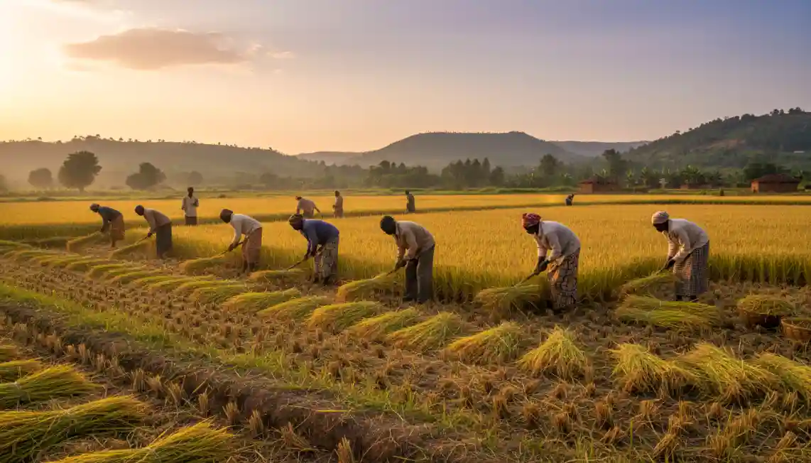 A group of agricultural workers manually harvests golden rice in a vast field under a warm sunset, with distant hills in the background.