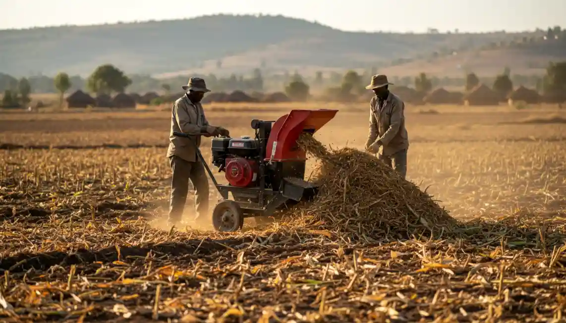 A heavy-duty petrol feed chopper operating in an off-grid field with crushed maize stalks piling up in Uasin Gishu County.