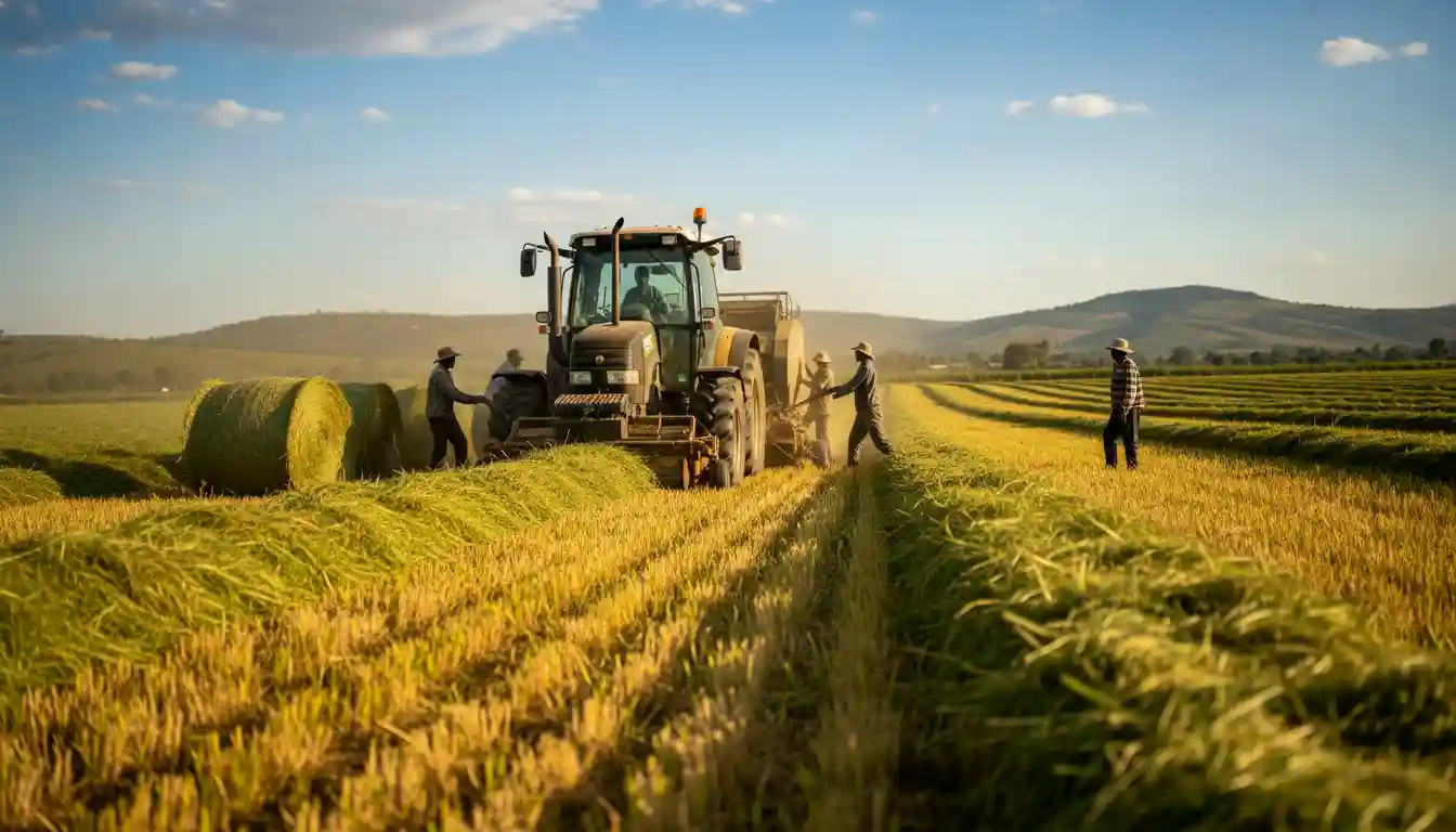 Kenya Seed Company Price List 2026 (Maize, Grass & Crop Seeds Prices in Kenya) 4 A tractor baling freshly cut Boma Rhodes grass in a vast