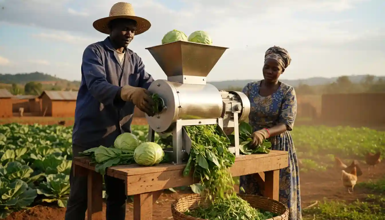 A shiny stainless steel vegetable shredder processing green cabbage and sukuma wiki leaves for poultry on a farm in Machakos.
