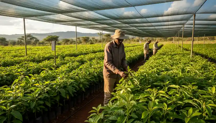 A farmer inspecting healthy grafted Hass avocado seedlings in a large shaded nursery