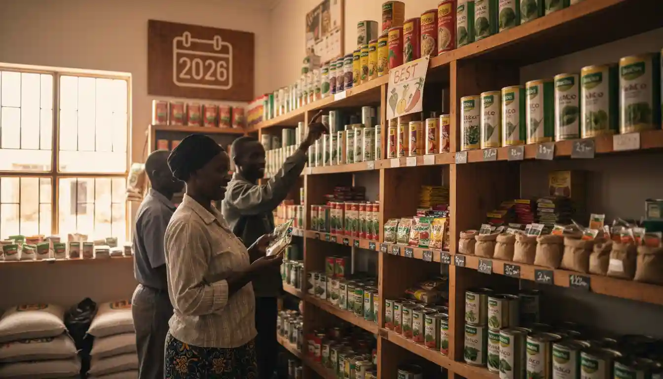 A tidy display of various vegetable seed tins and packets organized on a wooden shelf