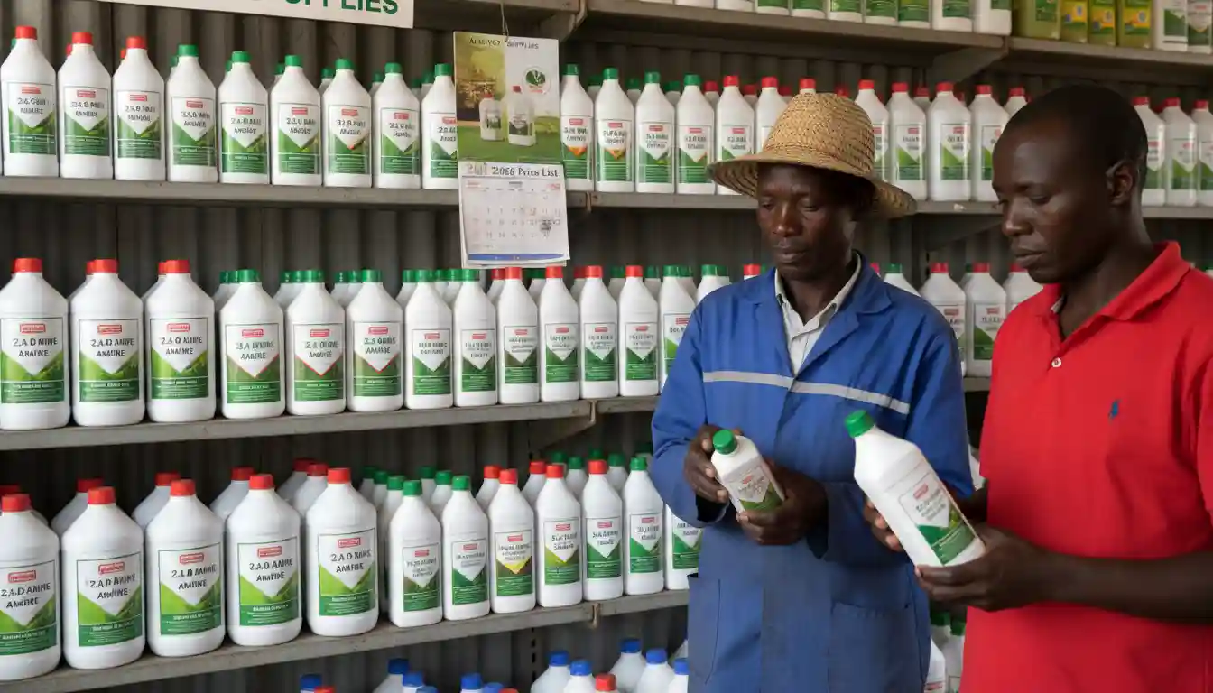 Agrovet store shelf displaying various 1 litre and 5 litre herbicide bottles