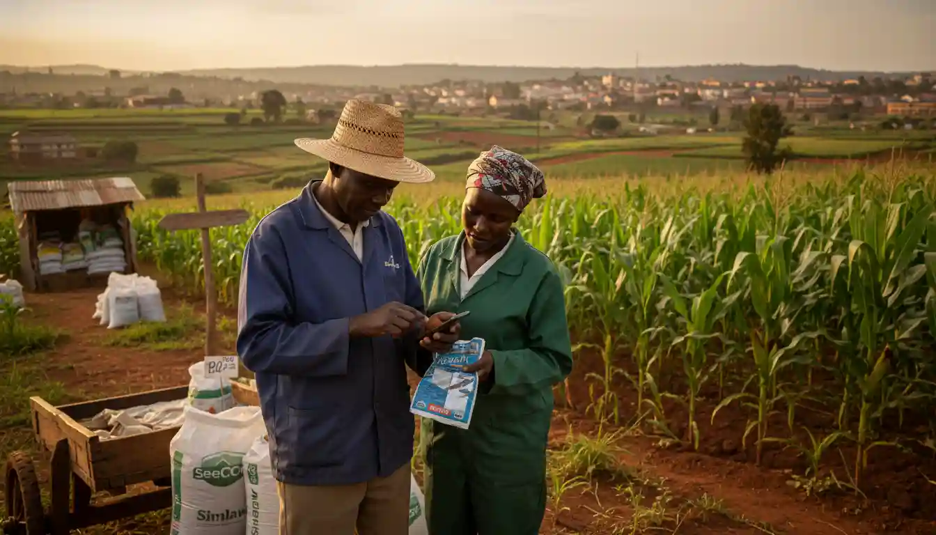 A farmer using a smartphone to send an SMS verification code scratched from a seed packet