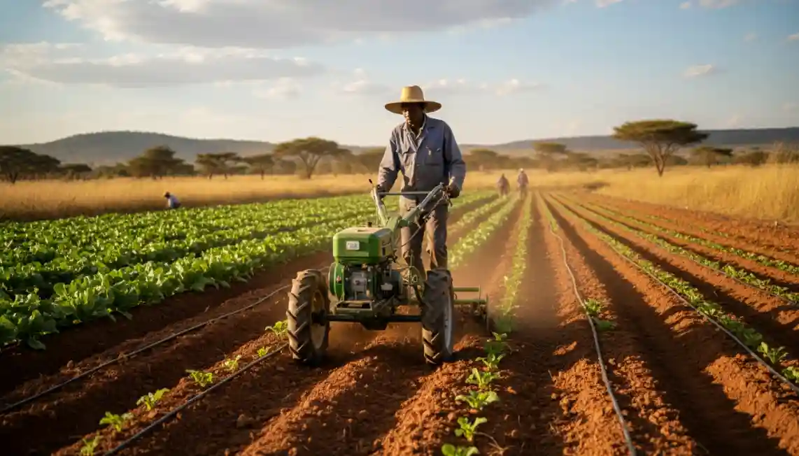 Tractor Prices in Kenya 2026: Best Farm Tractors, Walking Tractors and Small Tractors for Sale 3 A farmer operating a green walking tractor in a vegetable field equipped with drip irrigation pipes in Kajiado