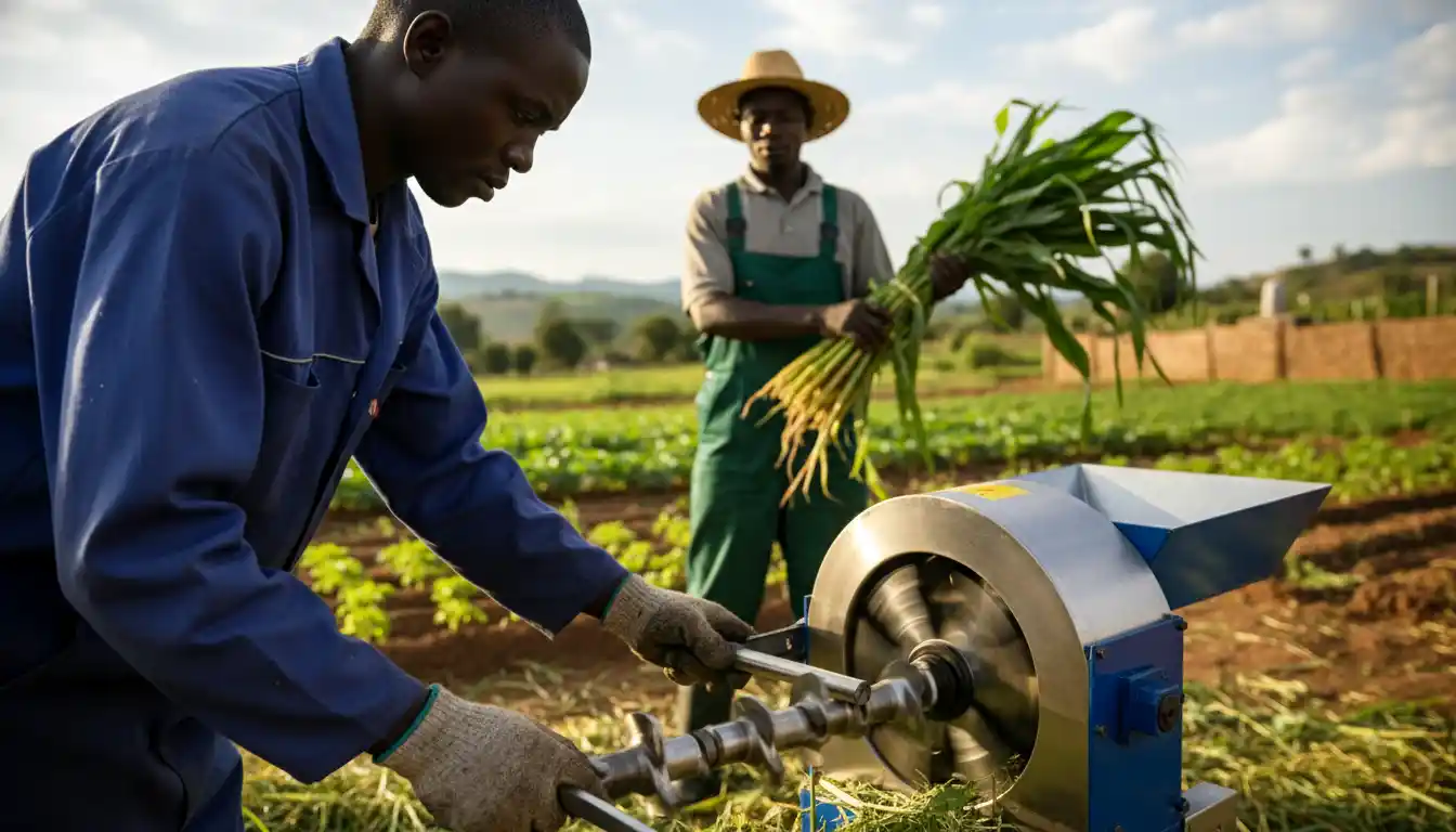 A dairy farmer carefully inspecting the steel blades of a newly purchased electric chaff cutter machine in Machakos.