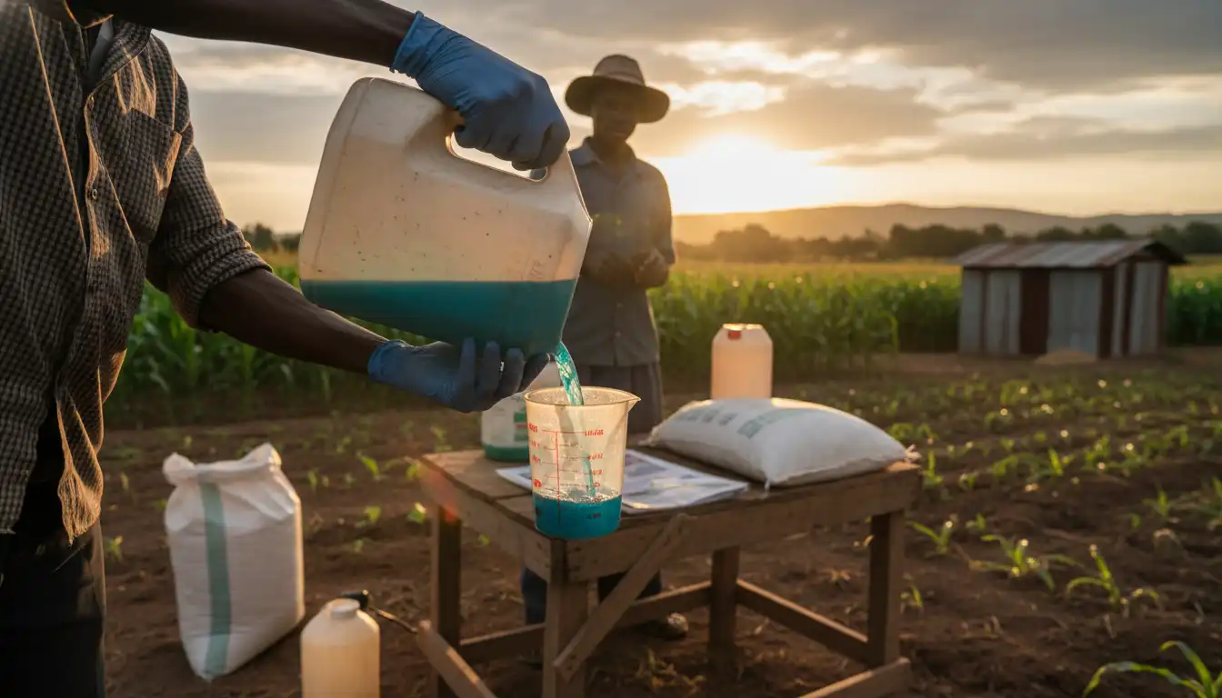 Agricultural worker carefully measuring liquid weed killer into a measuring cup