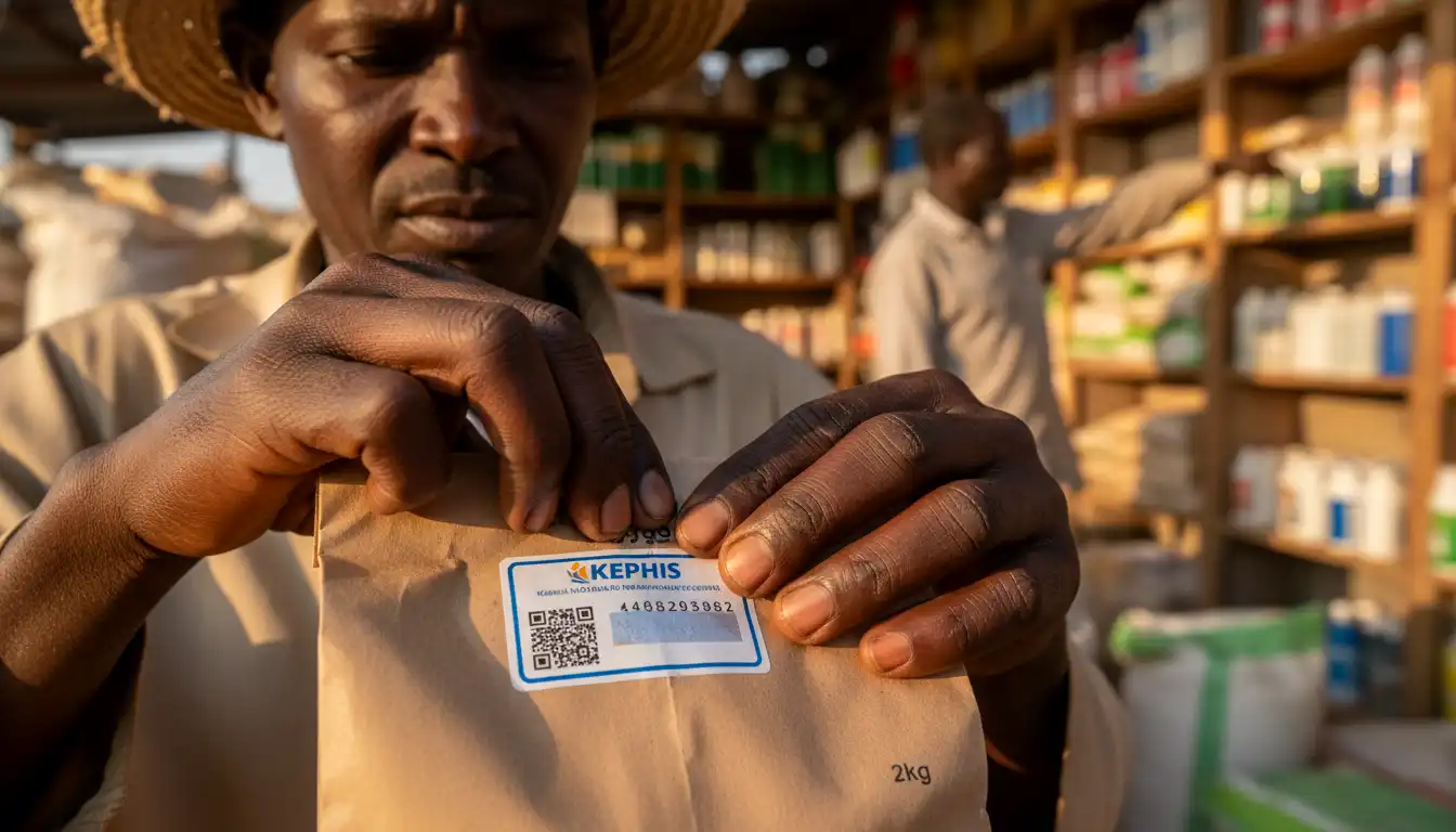 How to Find a Trusted Agrovet Near Me in Kenya (2026 Guide to Genuine Farming Inputs) 3 A close-up of a farmer scratching a KEPHIS seed verification sticker on a 2kg packet of seeds