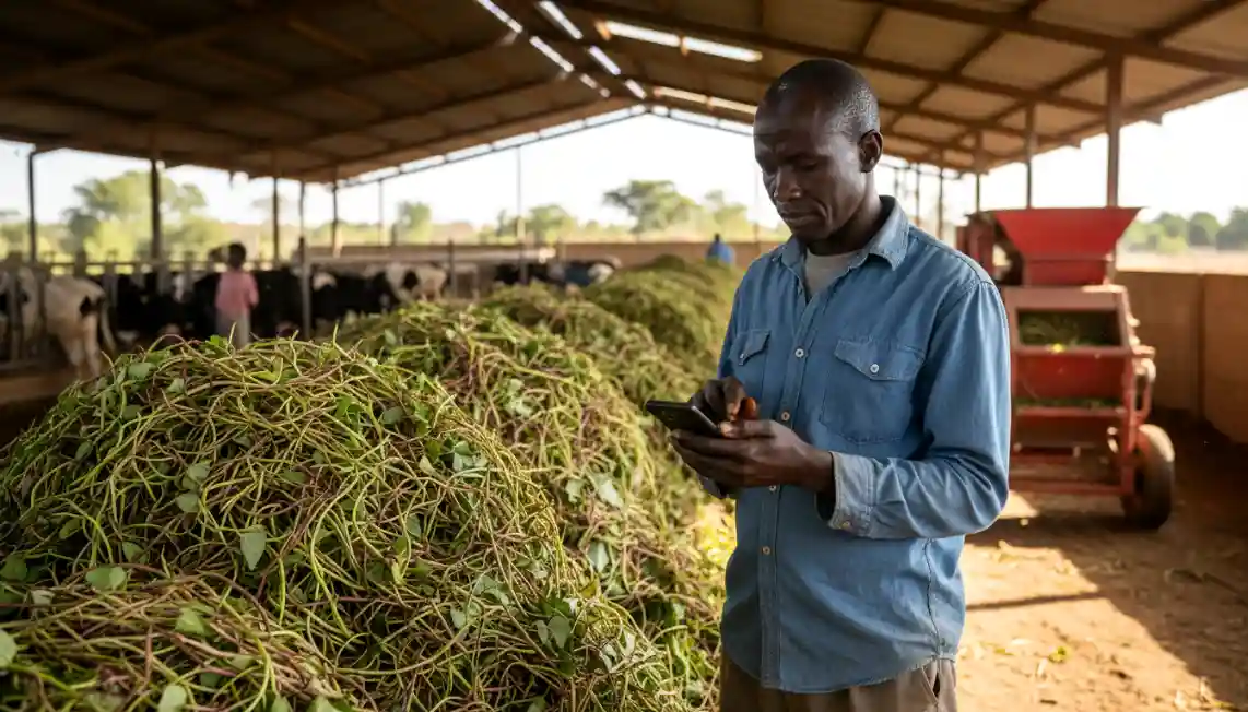 A dairy farmer calculating costs on a smartphone while standing next to piles of neatly shredded sweet potato vines in Nakuru.