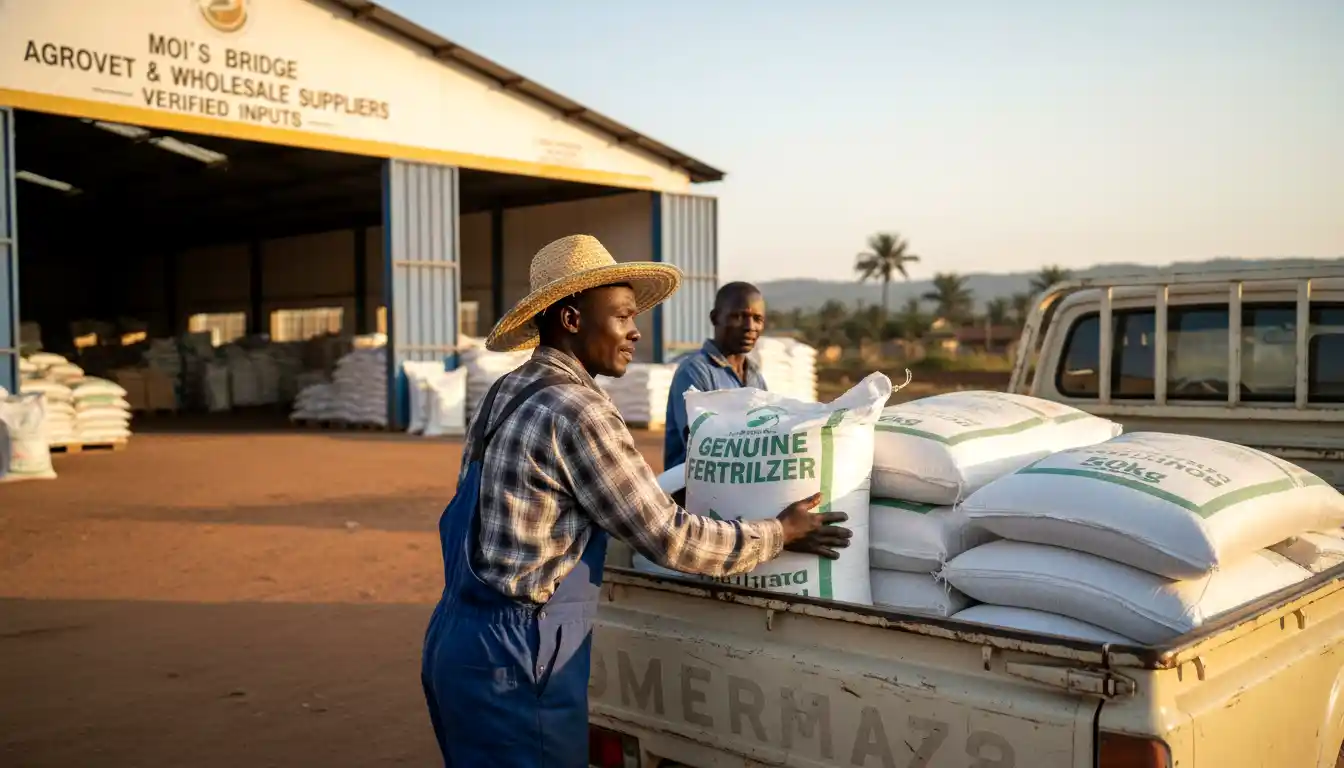 How to Find a Trusted Agrovet Near Me in Kenya (2026 Guide to Genuine Farming Inputs) 5 A farmer standing next to a pickup truck loading 50kg bags of genuine fertilizer outside a verified wholesale depot