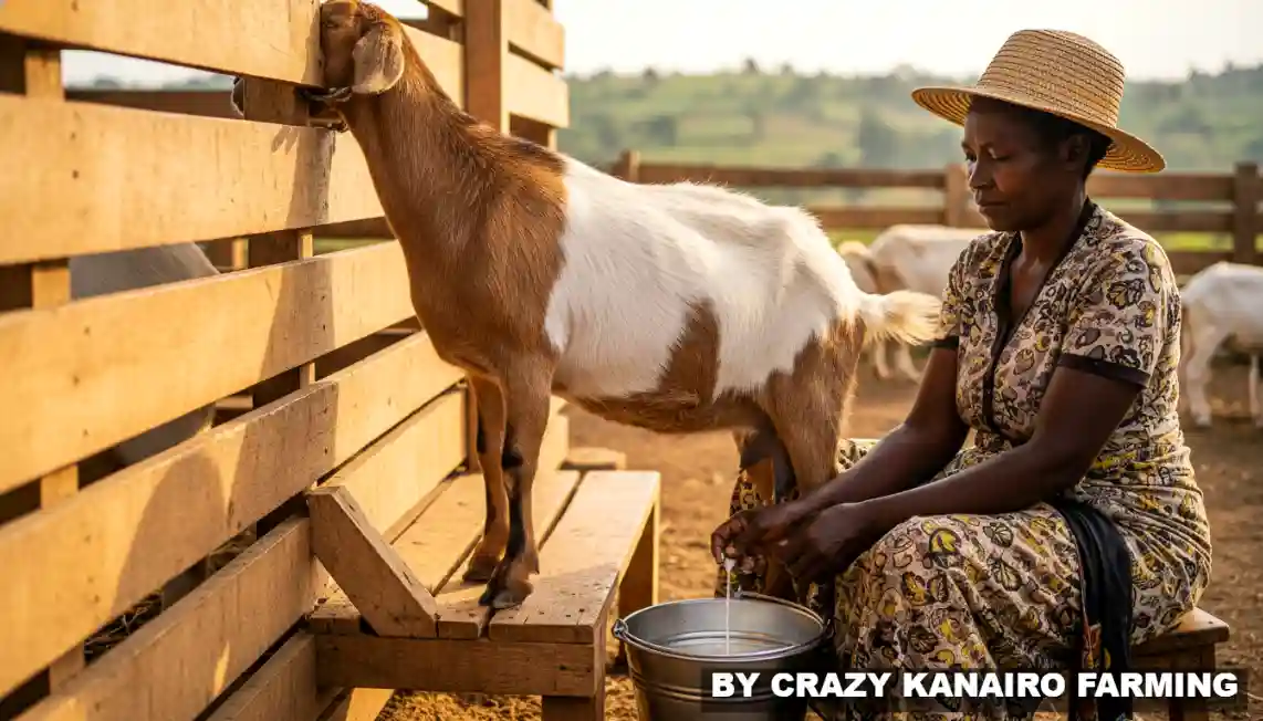Close up of an Alpine dairy goat being milked by hand in a clean wooden pen