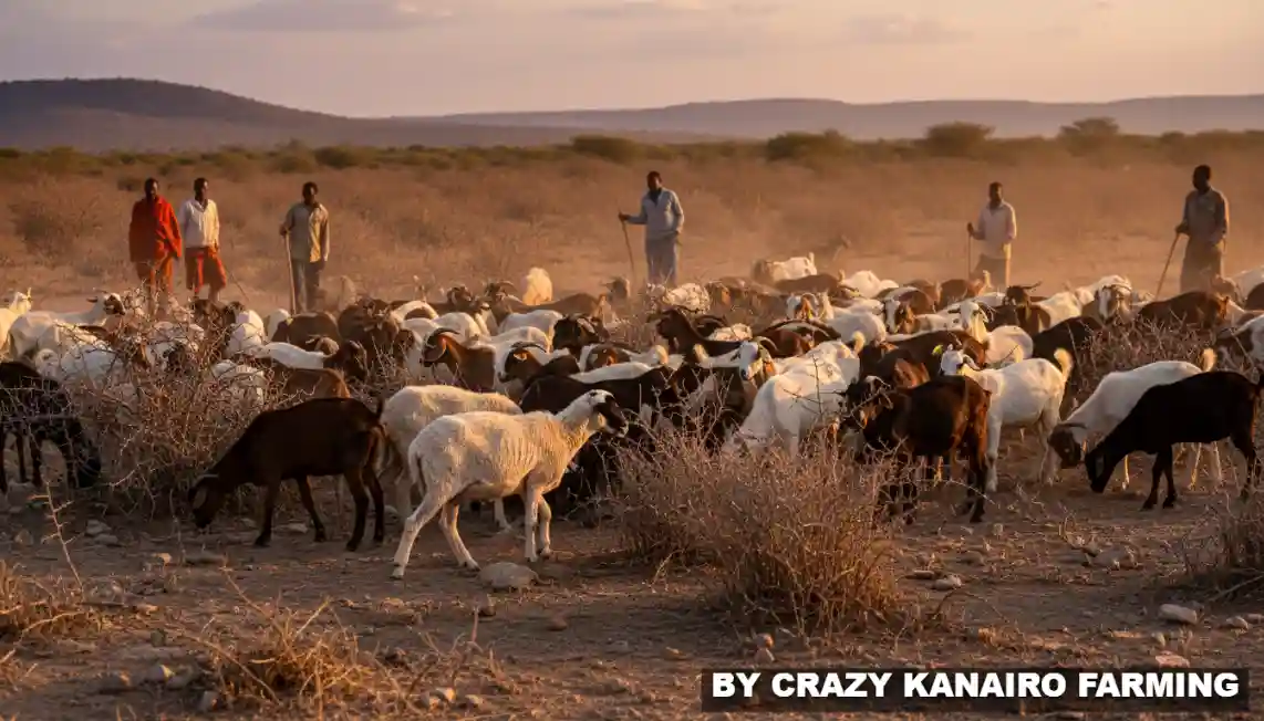 Large herd of mixed breed goats browsing on dry shrubs in a semi arid landscape