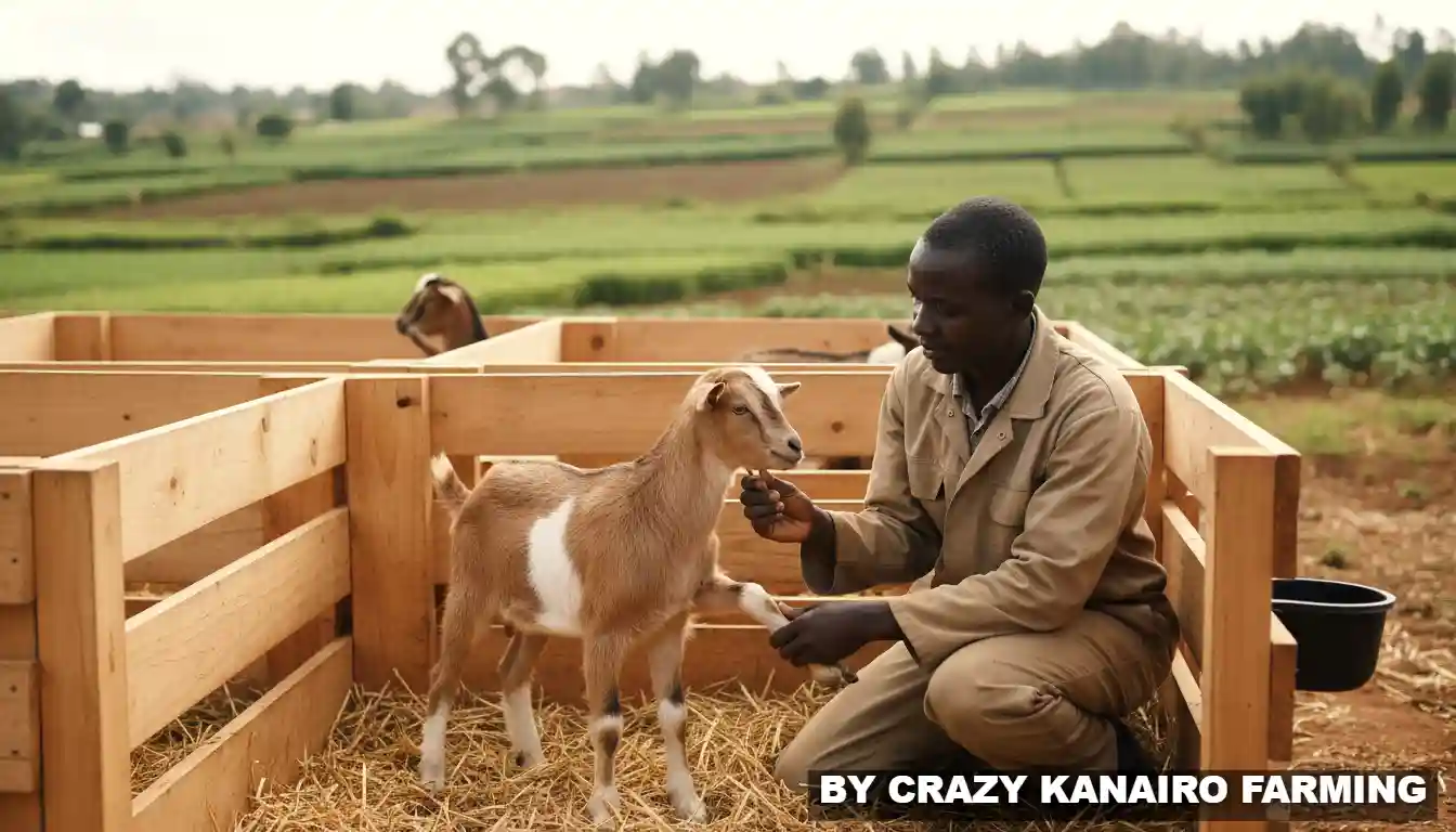 A diligent farm worker checking the health and hooves of a young Toggenburg kid inside a clean