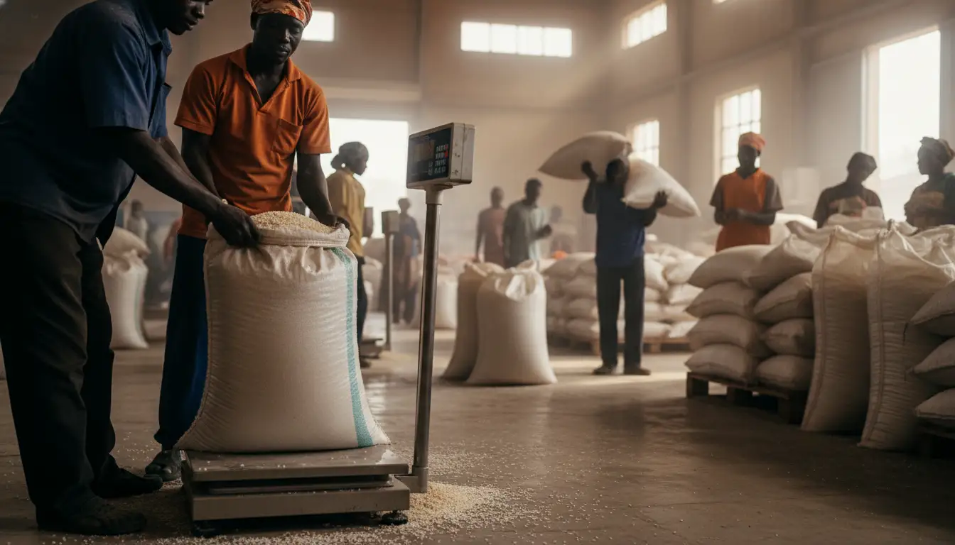 Sacks of freshly milled white rice  being weighed on a digital scale in a busy warehouse in Kirinyaga