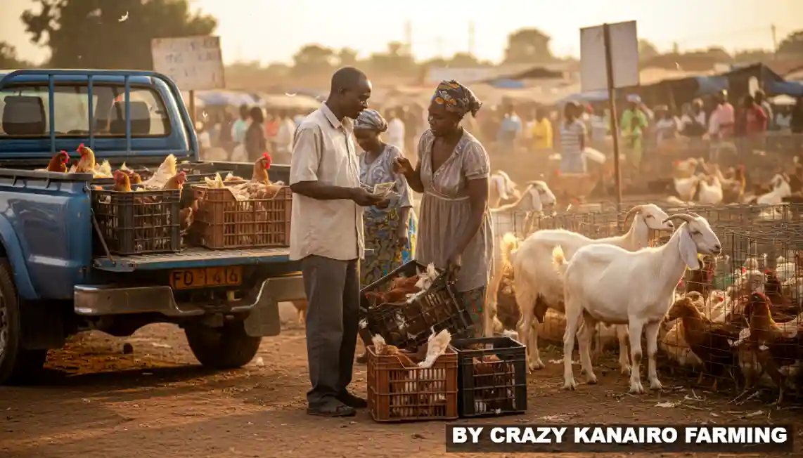 A farmer actively negotiating prices with a local buyer while carefully loading plastic crates of mature poultry into a pickup truck on market day in Nakuru