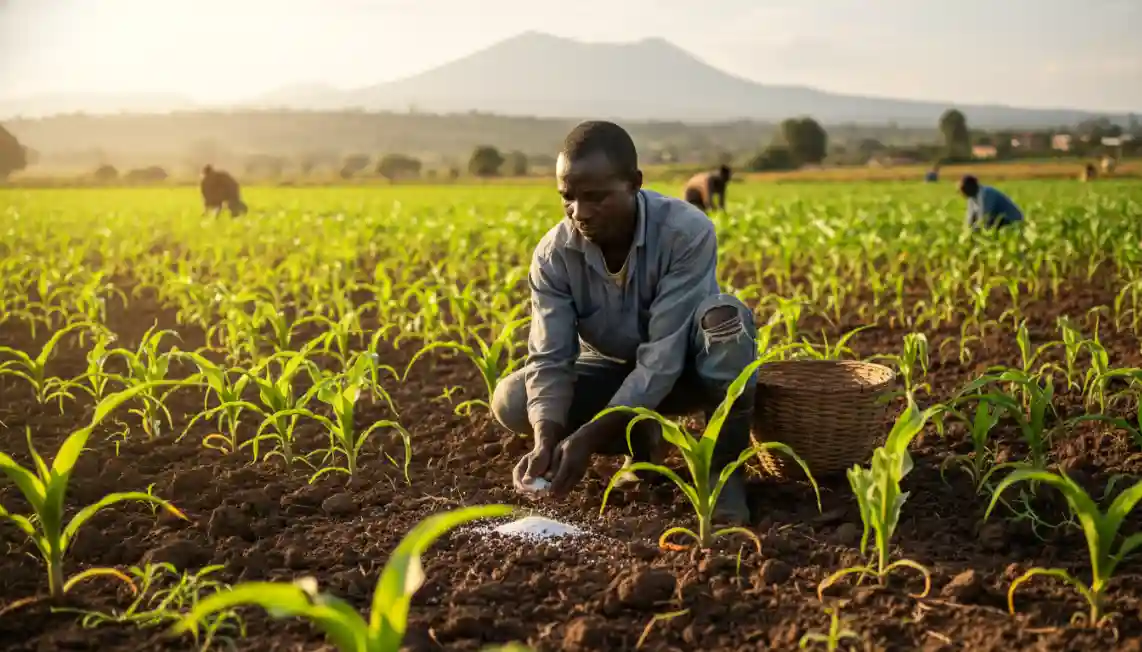 A farmer applying top-dressing fertilizer to knee-high maize plants in a well-weeded field in Kakamega Kenya.