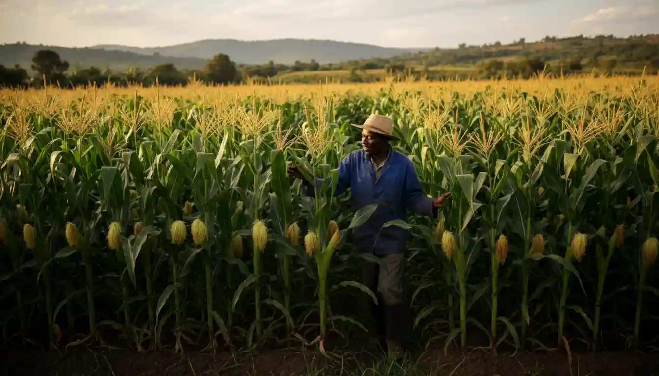 Kenya Seed Company Price List 2026 (Maize, Grass & Crop Seeds Prices in Kenya) 3 A farmer wearing a straw hat and blue jacket walks through a field of tall corn stalks under a golden sky with rolling hills in the distance.