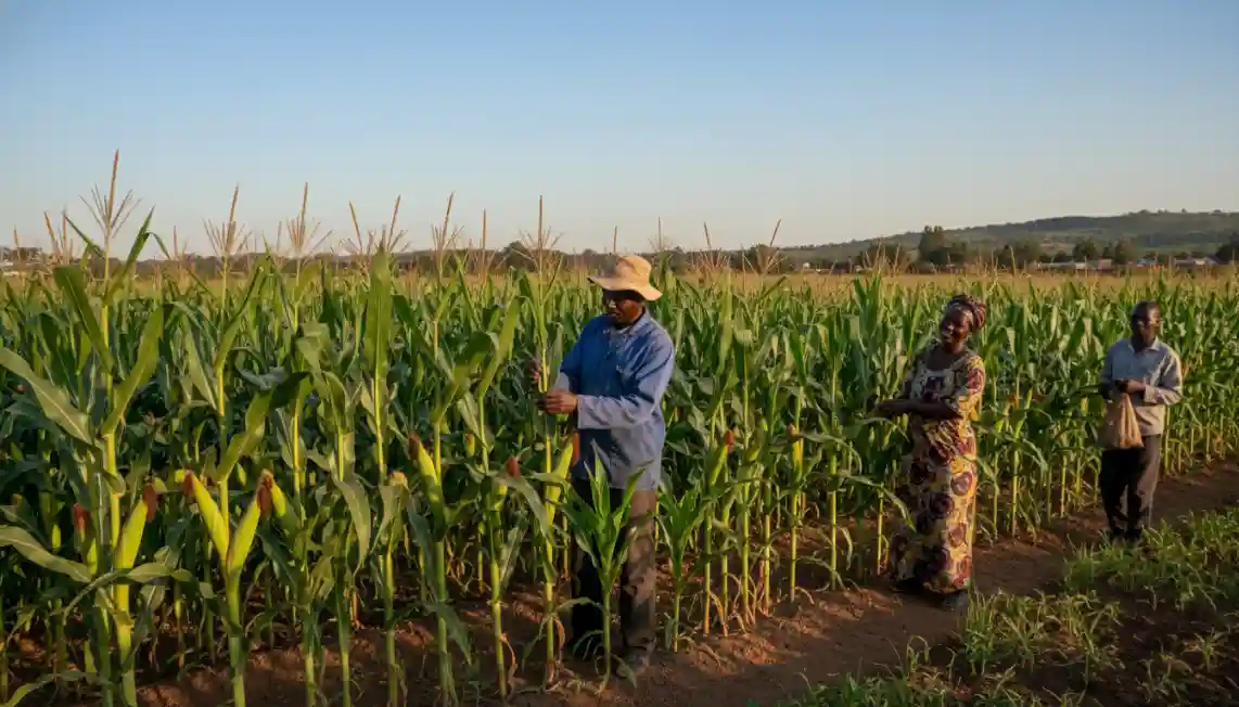 Close up of healthy green maize stalks standing tall in a well managed field with clear spacing