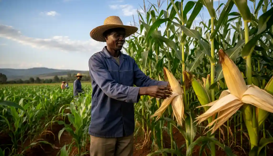 A farmer inspecting healthy tall maize stalks with double cobs right before harvest in Trans Nzoia Kenya.