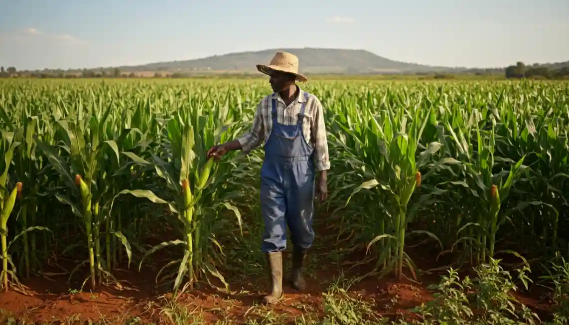 A farmer wearing a straw hat and blue overalls walks through a lush green cornfield, inspecting the crops under a clear sky.