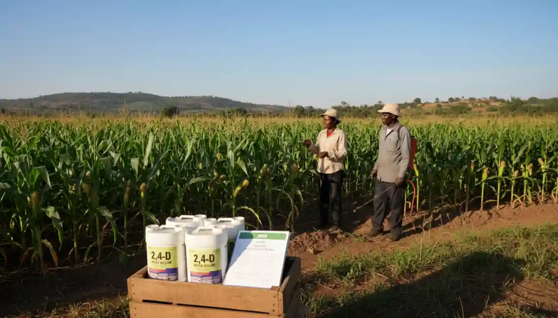 Healthy mature maize crops standing tall under a clear blue sky