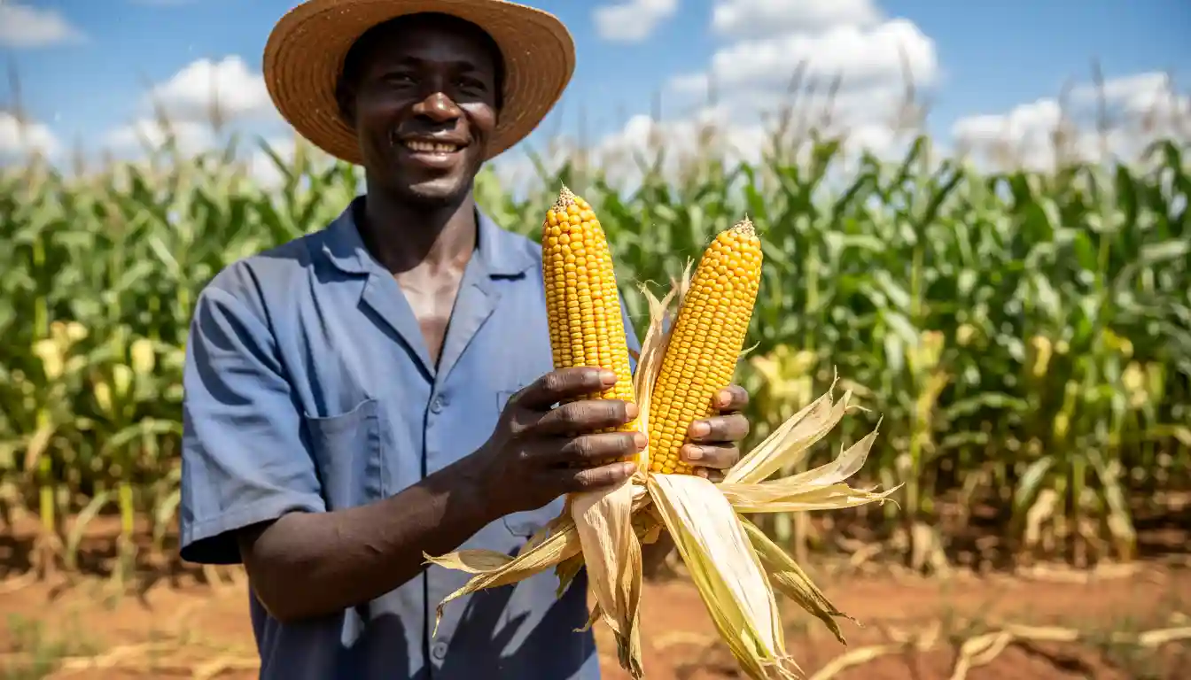 A farmer proudly holding two large cobs of harvested DK 777 maize during a sunny day in Bungoma Kenya.