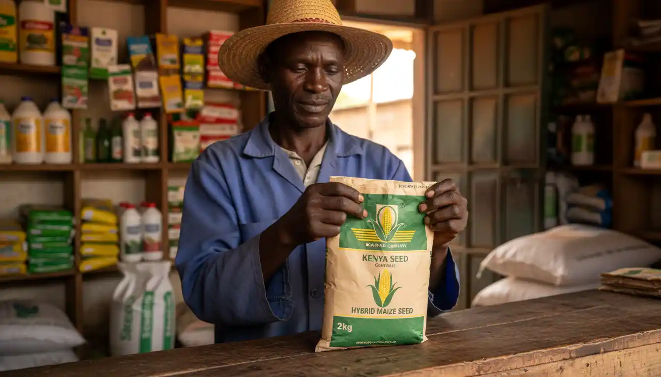 A farmer carefully inspecting a 2kg packet of Kenya Seed Company maize seed at a local agrovet counter