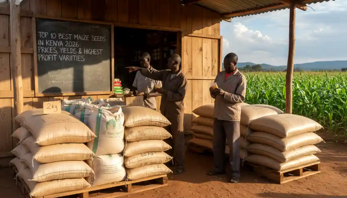A rural agrovet shop displaying neatly stacked 2kg and 10kg bags of certified maize seeds in Eldoret Kenya.