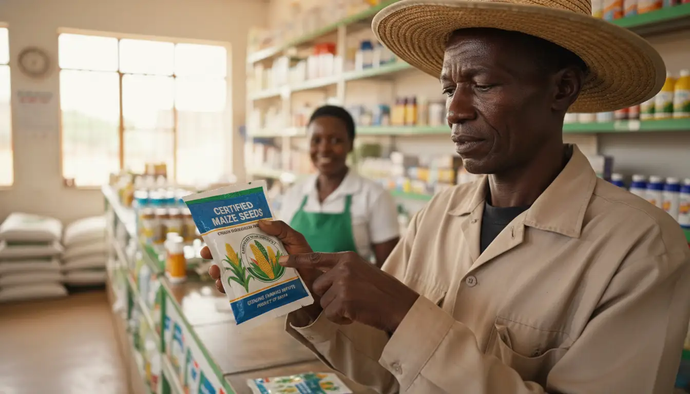 How to Find a Trusted Agrovet Near Me in Kenya (2026 Guide to Genuine Farming Inputs) 2 A local Kenyan farmer inspecting a packet of certified maize seeds at a well-lit agrovet counter
